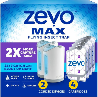 Zevo MAX Bug Catcher & Fly Trap for Indoors - Flying Insect Trap for Gnats, House & Fruit Flies - Use in Any Room - No-Mess Disposal (1 Plug in Base & 2 Cartridges)