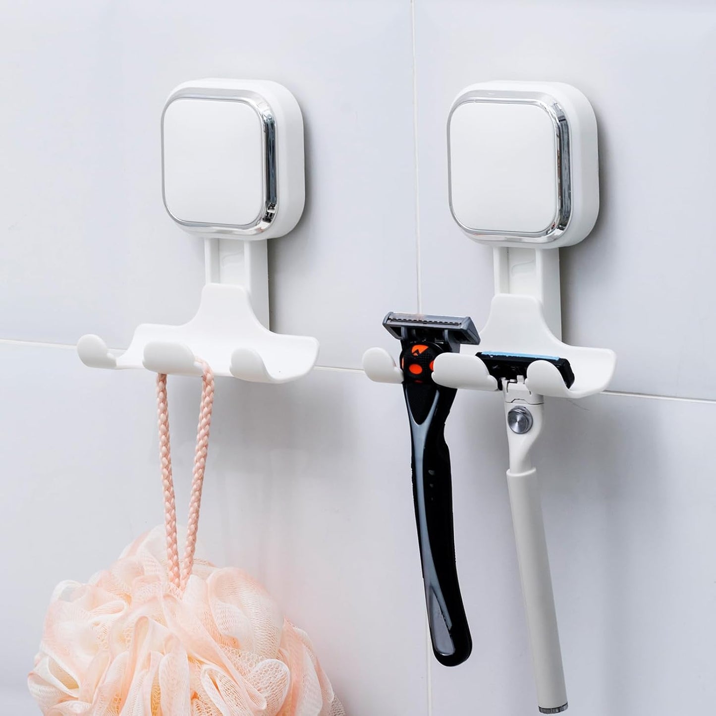 LEVERLOC Razor Holder for Shower 2 Pack, Powerful Suction Cup Shower Hooks for Towel, Loofah, Razor, Squeegee, Damage-Free Wall Hooks, Shaver Holder for Bathroom, Easy to Install and Reuse, White