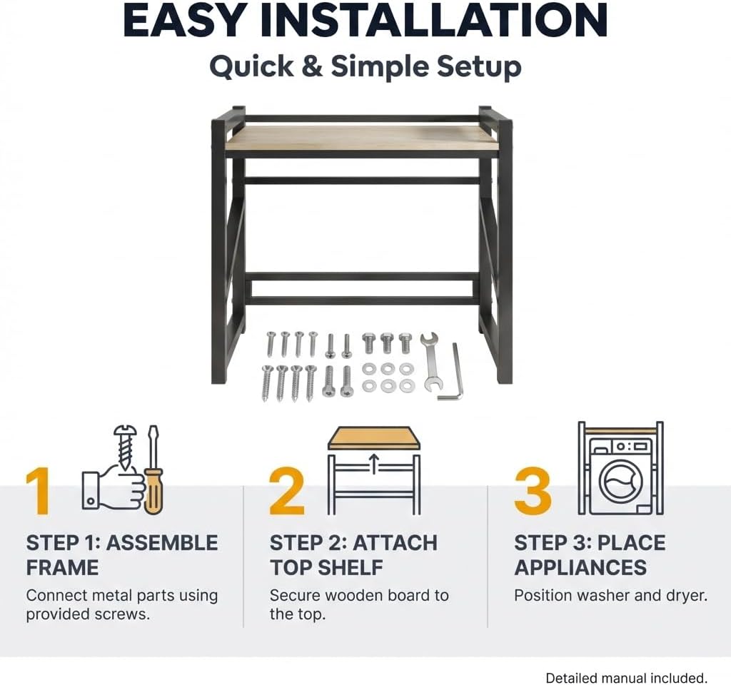 Washer Dryer Stacking Rack Stand, Over the Washer and Dryer Storage Shelf, Height Adjustable Standing Washer Dryer Machine Rack, Stackable Shelf for Laundry Room Apartments (White)