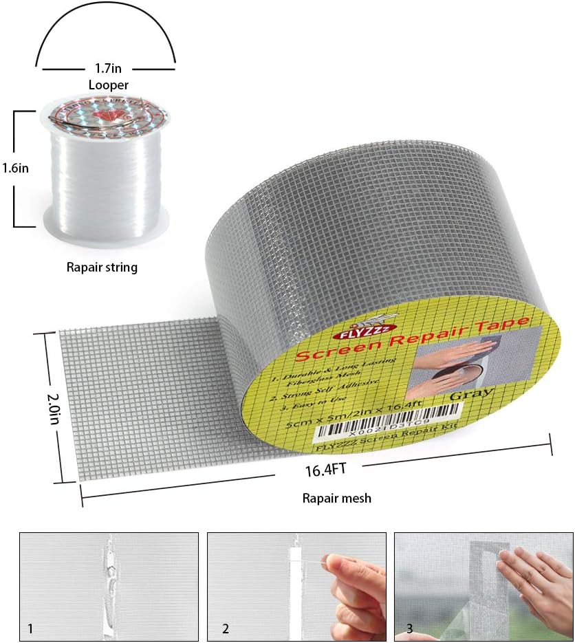 FLYZZZ Window Screen Repair Kit Tape with Stitching Thread, Gray(16.4FT), Waterproof 3-Layer Strong Adhesive Window Screen Doors Patch Tape Suitable for Covering Holes&Tears Instantly