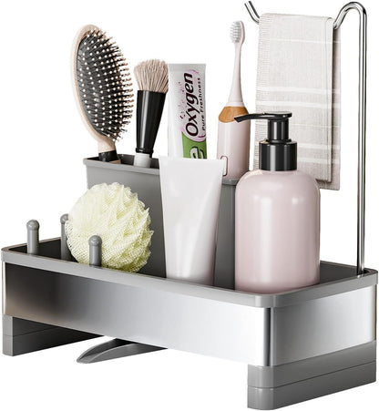 Ewaiira Stainless Steel Sink Caddy, Sponge Holder for Kitchen Sink with Brush Holder and Towel Rack, Sink Organizer for Countertop, Soap Dispenser Kitchen Organizers Storage Essentials (A-Black)