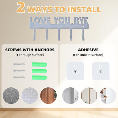 Key Holder Wall Mount, No Drill Adhesive, Black, 5 Hooks | 'Love You.Bye' Entryway Organizer, Metal, 10x4 Inch, Screws Installation