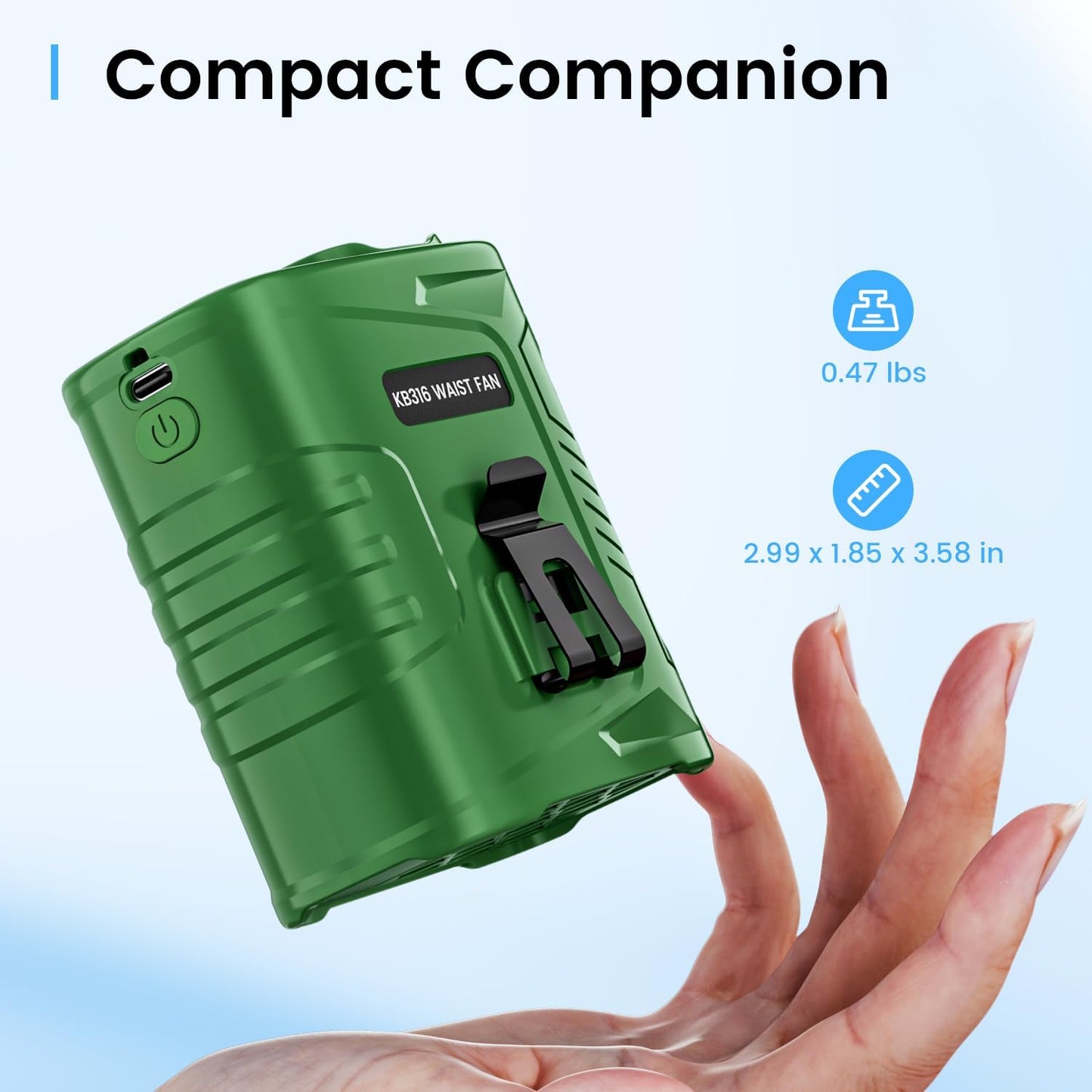 KIBEE Portable Waist Fan, 12500RPM Rechargeable Wearable Belt Clip Fan, Hands Free Cooling Fan for Outdoor Work, Construction, Hiking, Camping, Fishing, Long Battery Life Personal Cooling Device