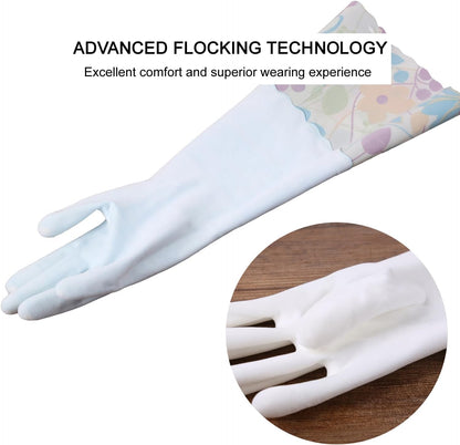 Bamllum 3 Pairs Rubber Cleaning Gloves, Household Kitchen Dishwashing Gloves with Cotton Flocked Liner, Long Cuff 16 Inches, Reusable, Non-Slip (Large, Blue+Pink+White)