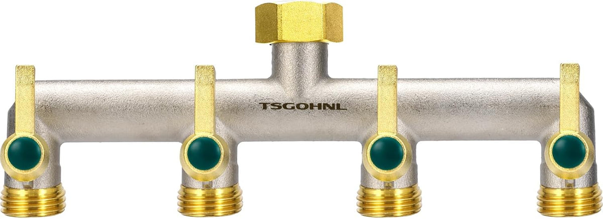 Heavy Duty Brass Garden Hose Splitter, 2-Way Faucet Splitter with 2 Extended Metal Handles, Outdoor Hose Splitter, GHT 3/4-Inch Heavy Duty Hex Female Inlet and 3/4-Inch Male Outlet, Nickel Plated