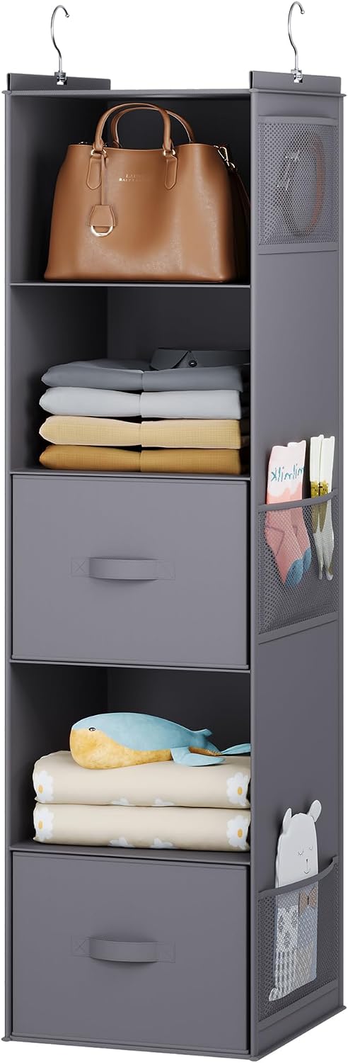 YOUDENOVA Hanging Closet Organizer, 5 Tier Hanging Closet Shelves with 6 Side Pockets and 2 Drawers, Grey