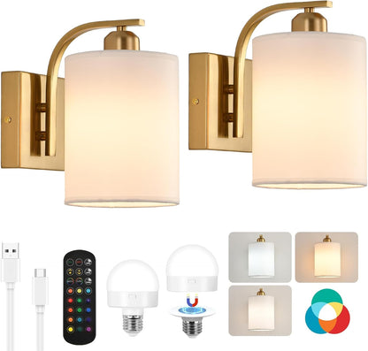 Battery Operated Wall Sconce Set of 2, Gold Rechargeable Wall Lights with Remote Control,15 Colors Wireless Wall Sconce with 3000mAh Dimmable Detachable Bulb for Bedroom, Living Room and Hallway