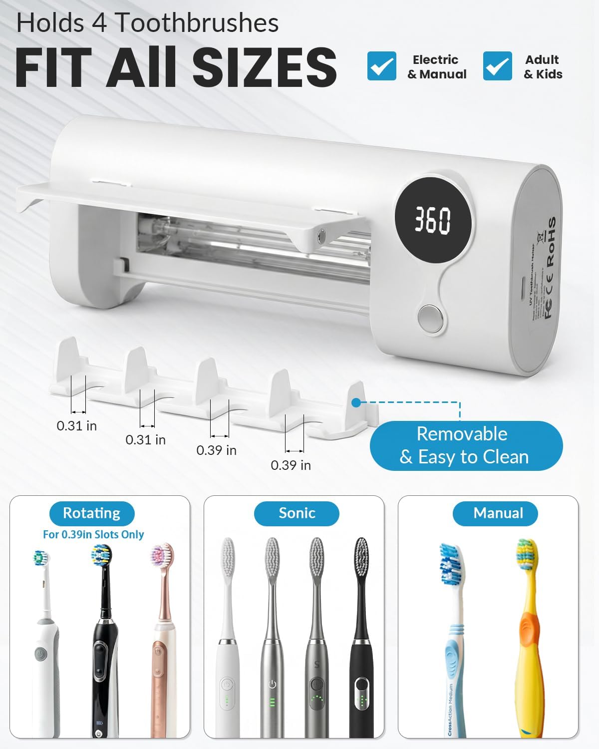 UV Toothbrush Sanitizer and Holder, GEVOODIX Smart Toothbrush Holder with 4-Slots Holders, Tooth Brush Cleaner Wall Mount for Home Bathroom