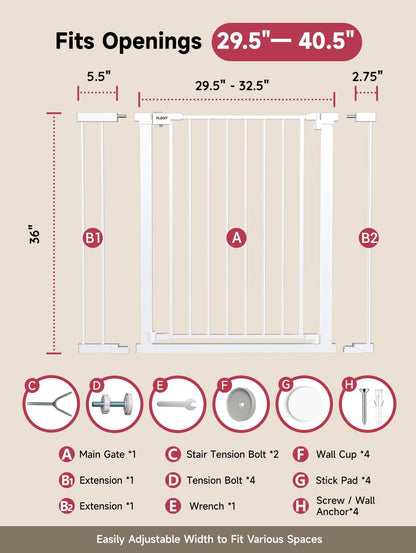29.5-40.5" Baby Gate for Stairs, Dog Gate for Doorways, Walk Thru Auto Close Metal Baby Safety Gate for The House, Stairs and Doorways, Child Gate Pressure Mounted, Pet Gate for Dog Indoor - Black
