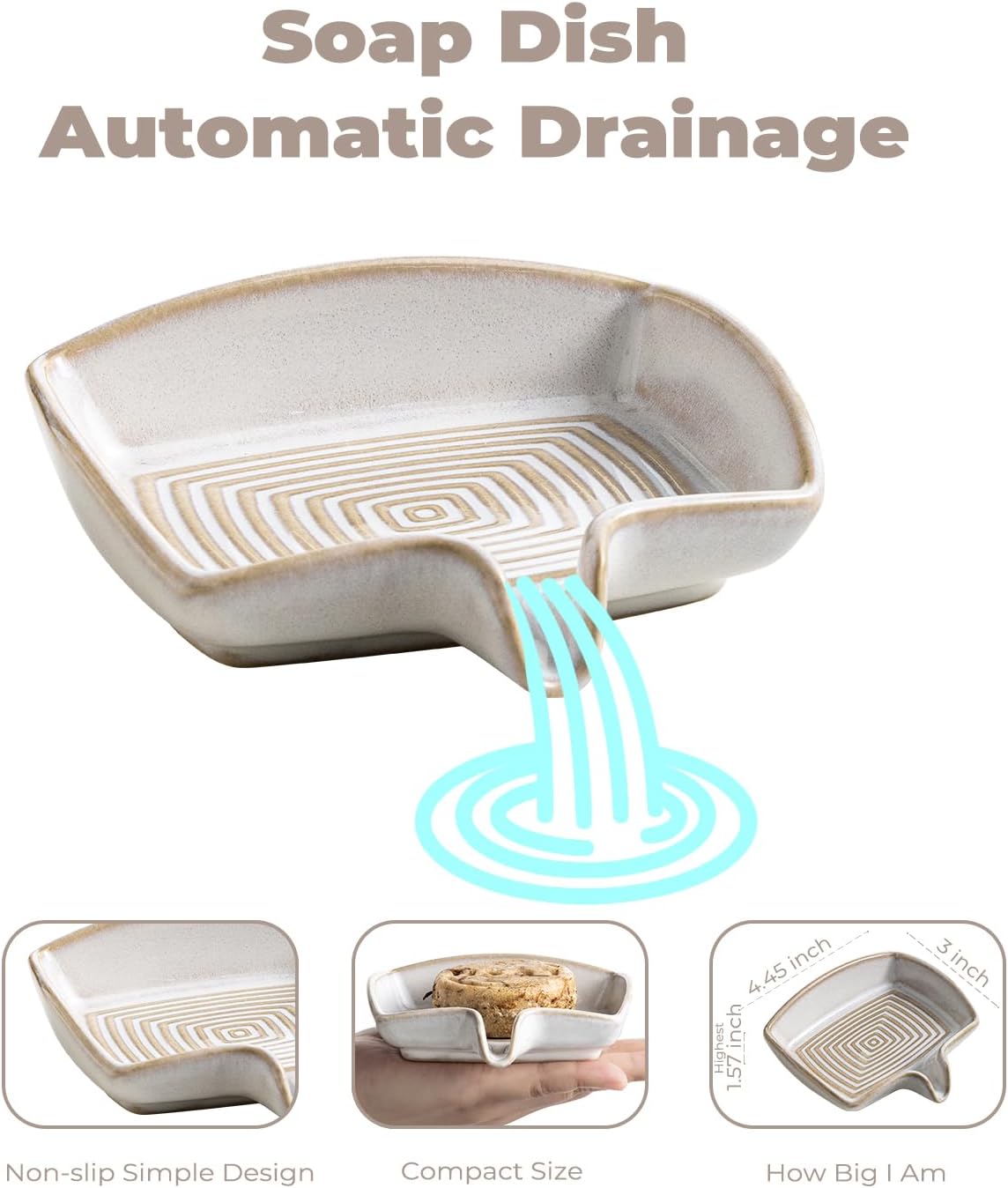 Self Draining Soap Dish, Ceramic Drain Soap Holder Waterfall Design Soap Saver for Shower, Bathroom, Sink, Kitchen and Countertop, Keeps Dry, Green