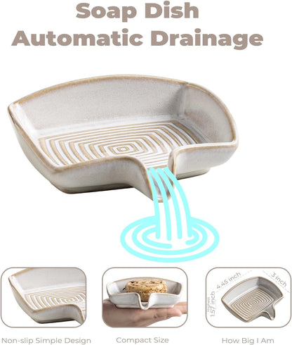 Self Draining Soap Dish, Ceramic Drain Soap Holder Waterfall Design Soap Saver for Shower, Bathroom, Sink, Kitchen and Countertop, Keeps Dry, Green