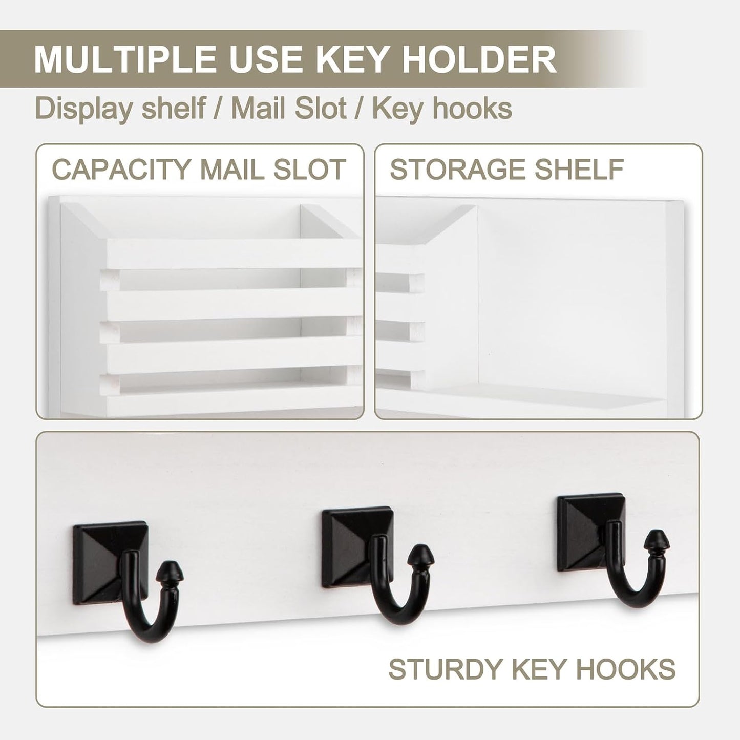Key Holder Wall Mount, Mail Organizer for Wall with 5 Square Rustic Key Hooks Key Shelf Farmhouse Home Decor for Entryway