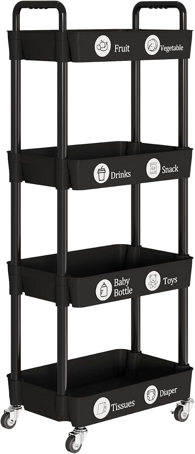 Laiensia 3-Tier Rolling Cart with Wheels,Multifunction Utility Storage Carts, Kitchen Storage Organizer,Mobile Shelving Unit for Bathroom,Laundry,with Classified Stickers,White