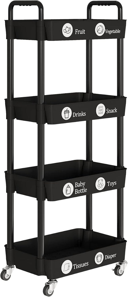 Laiensia 3-Tier Rolling Cart with Wheels,Multifunction Utility Storage Carts, Kitchen Storage Organizer,Mobile Shelving Unit for Bathroom,Laundry,with Classified Stickers,White