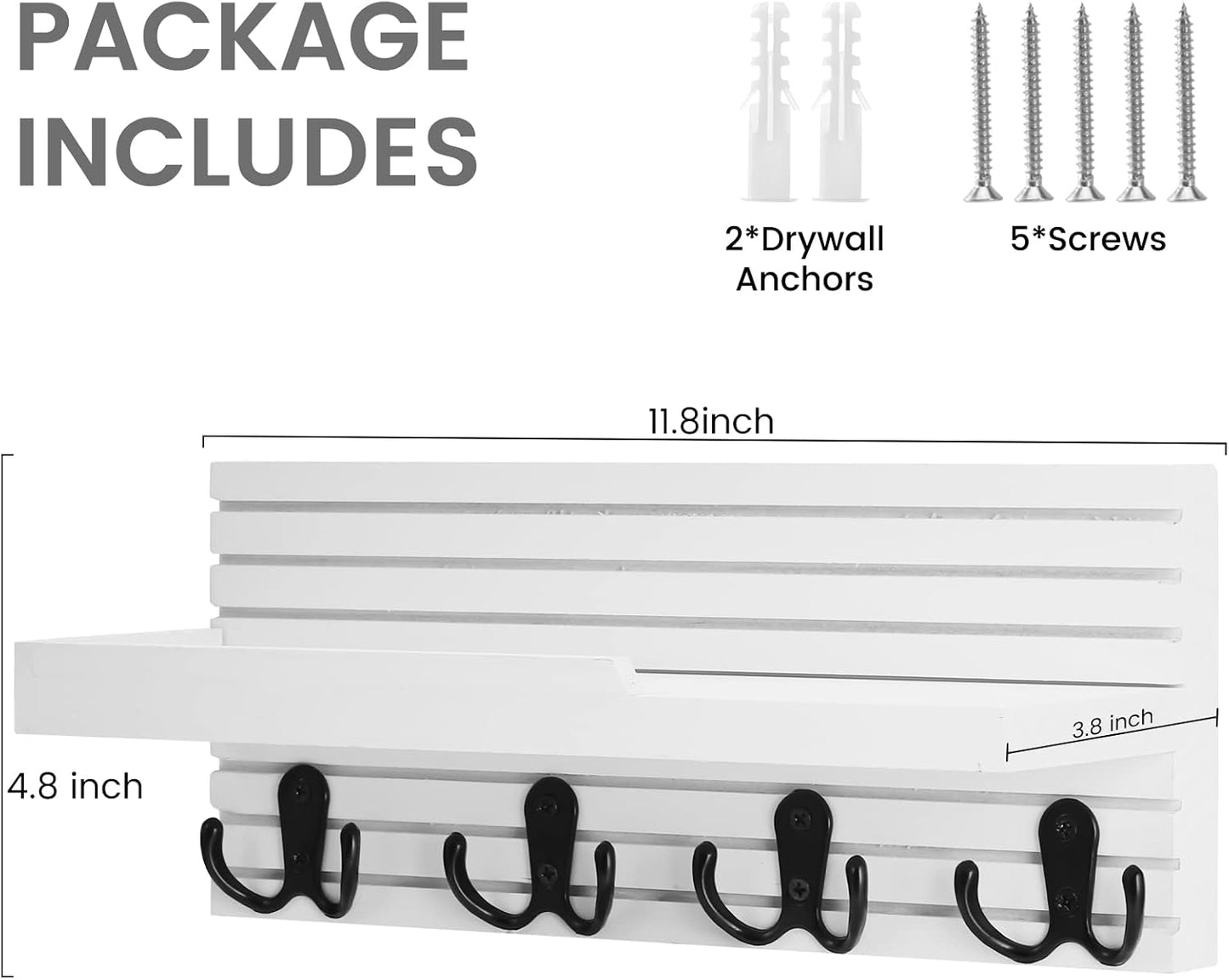 Decorative Key Hanging Rack with 4 Double Hooks – Easy Install Natural Wooden Key and Mail Holder for Wall Mount – Entryway Decor Rack with Shelf (Carbon Black)