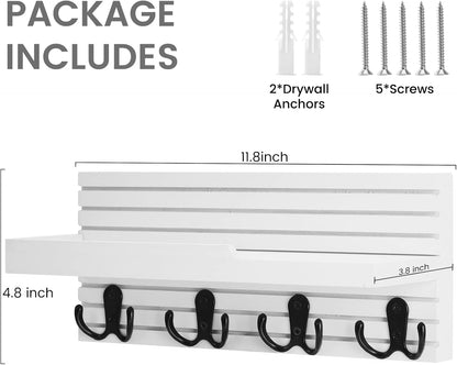 Decorative Key Hanging Rack with 4 Double Hooks – Easy Install Natural Wooden Key and Mail Holder for Wall Mount – Entryway Decor Rack with Shelf (Carbon Black)