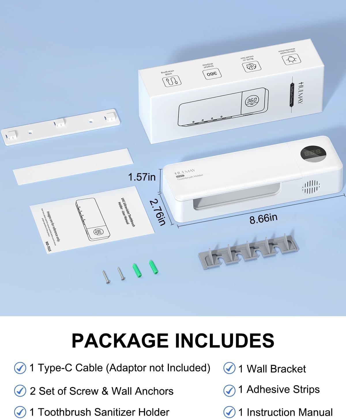 UV Toothbrush Sanitizer with Holder, Electric Toothbrush Holder Wall Mounted with Cover for 4 Slots, 2000mAh Rechargeable with Timer, Cordless Bathroom Organizer - White