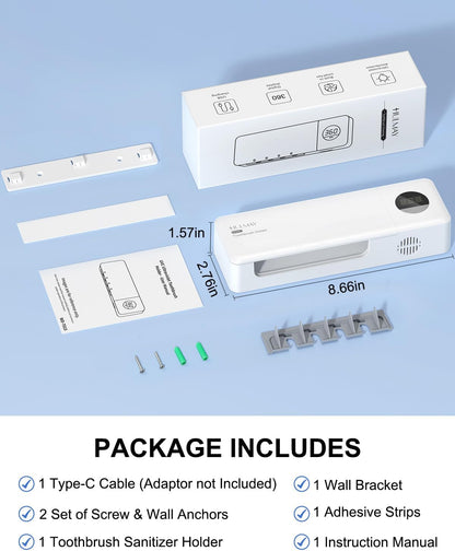 UV Toothbrush Sanitizer with Holder, Electric Toothbrush Holder Wall Mounted with Cover for 4 Slots, 2000mAh Rechargeable with Timer, Cordless Bathroom Organizer - White