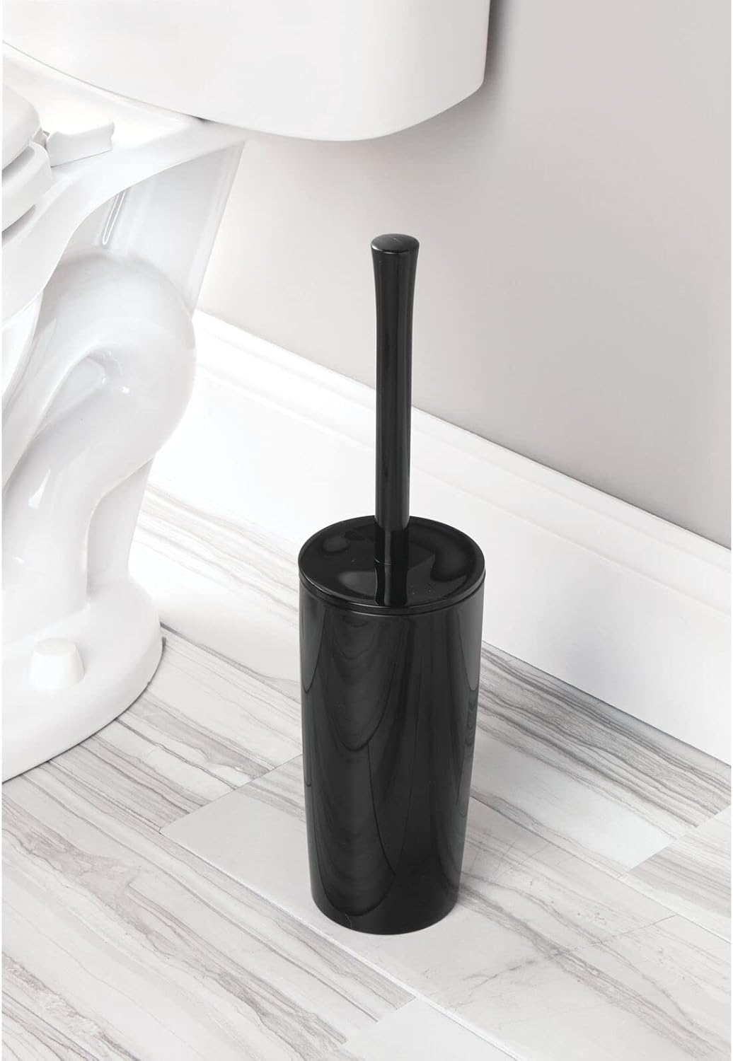 mDesign Slim Plastic Toilet Bowl Brush and Holder Set, Modern Compact Storage Organizer Cleaner Scrubber for Toilet - Heavy Duty Cleaning Plunger for Bathroom, Aura Collection - White