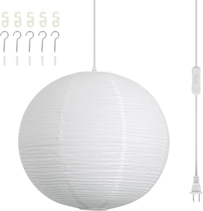 Paper Lantern Lamp Plug in Hanging Lamp 23.6in Off-White Rice Paper Pendant Light with 19.7FT Cord Large Globe Japanese Japandi Wabi Sabi Chandelier for Dining Living Room Bedroom 1 Pack