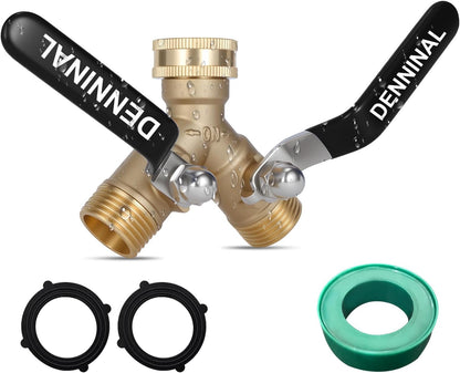 Brass Garden Hose Splitter 2 Way Heavy Duty, Safe Water Hose Splitter with 304 Stainless Steel Long Handle, Outdoor Full Flow Hose Bib Splitter Connector, Y Valve 3/4 Inch GHT Thread