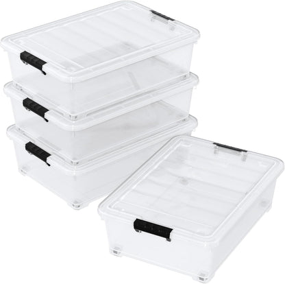 3-Pack Wheeled Plastic Under Bed Storage Box with Lids, 40 L | Under Bed Storage Bin, Secure Side Latch Lid, Built-In Rolling Wheels, Stackable Design, Perfect for Under Bed Storage