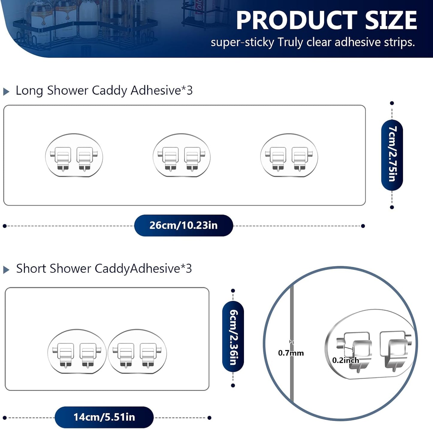 14 Pack Heavy Duty Shower Caddy Adhesive Replacement, 55 LB Hold | Up to 55 LB hold; Waterproof Shower Shelf Adhesive in 3 Hook Styles for Caddies, Shelves, Soap Holders and Racks.