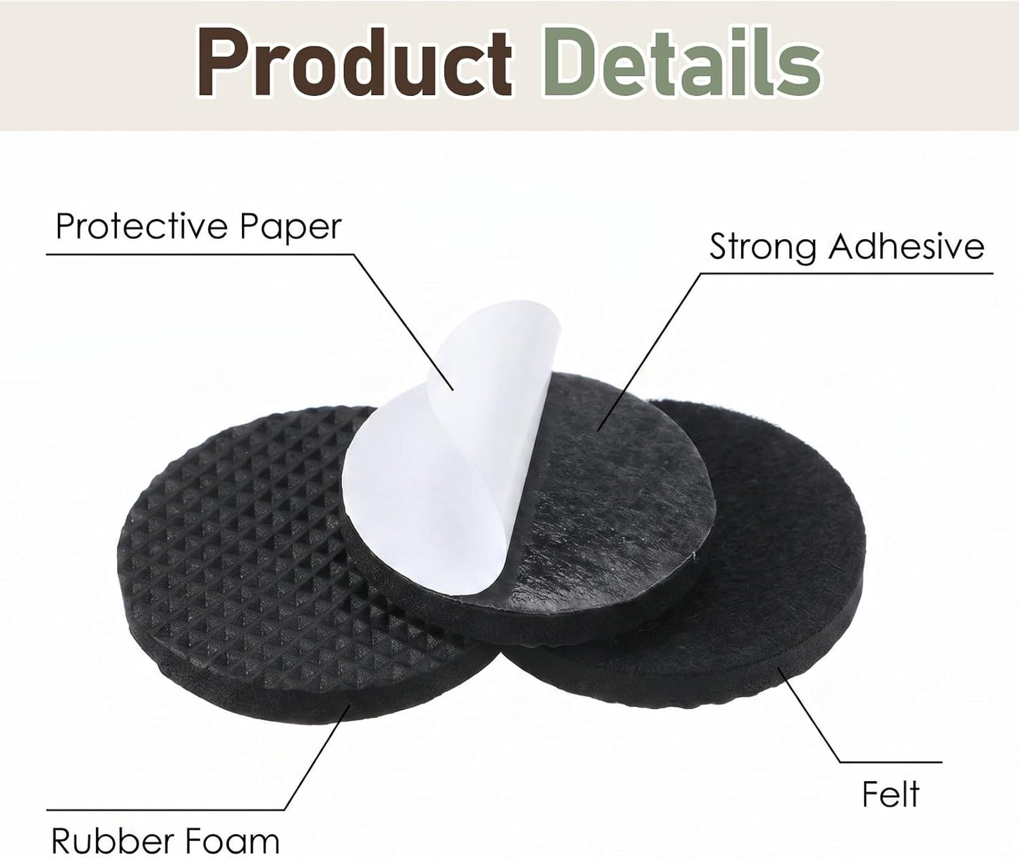 16 PCS Chair Felt Pads 2 Inch Round - Non Slip Furniture Feet Floor Protectors Anti Slip Self Adhesive - Chair Pads for Legs Non Skid Pad Keep Furniture in Place Protect Hardwood Floors