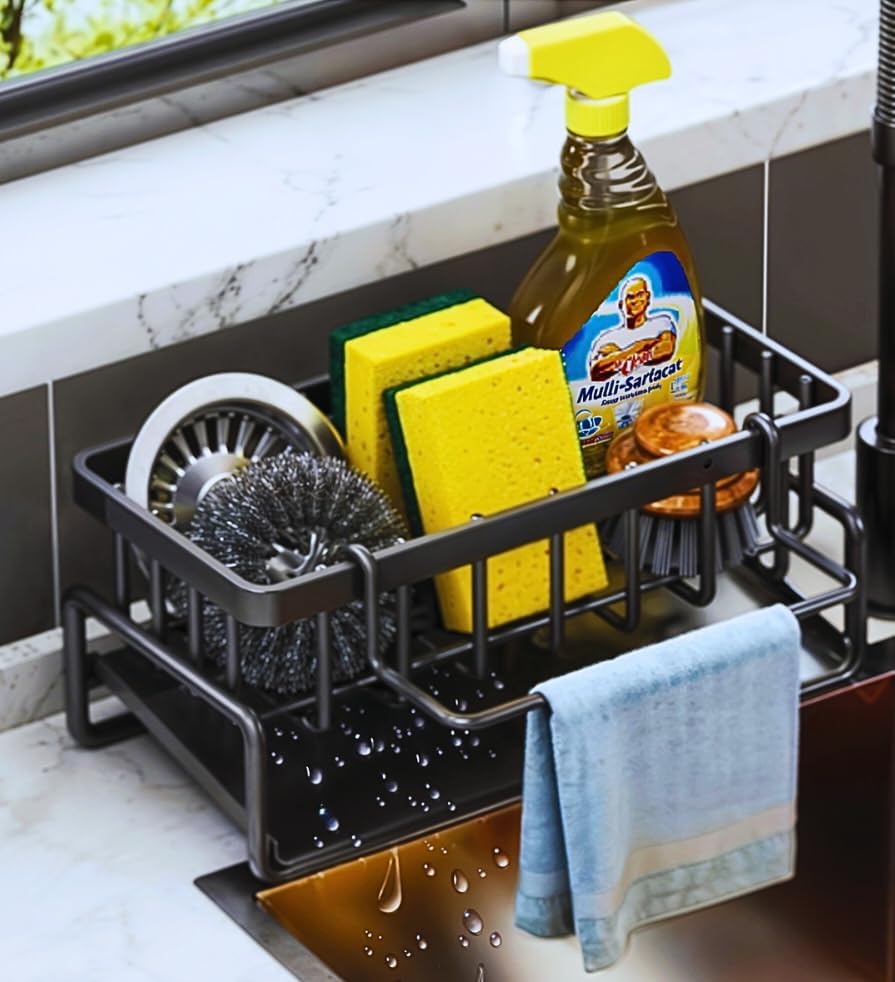 Black Kitchen Sink Caddy Organizer - Sponge Caddy with Self-Draining Tray, Stainless Steel Sink Caddy Kitchen Sink Organizer, Non-Slip Sink Drying Rack for Dishwashing Supplies