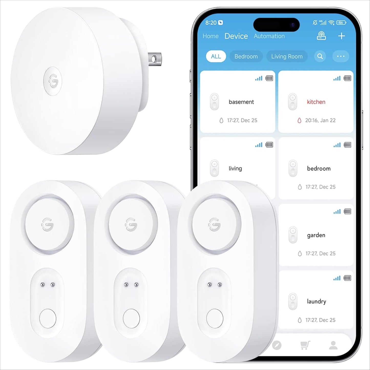 GoveeLife Upgraded Smart Water Leak Detector 1s with 1804 ft Ultra-Long Range, WiFi Water Sensor with SMS/Email/APP Push and Sound Alarm,5-Year Battery Life, 5 Pack, Suit for Home, Basement, Kitchen