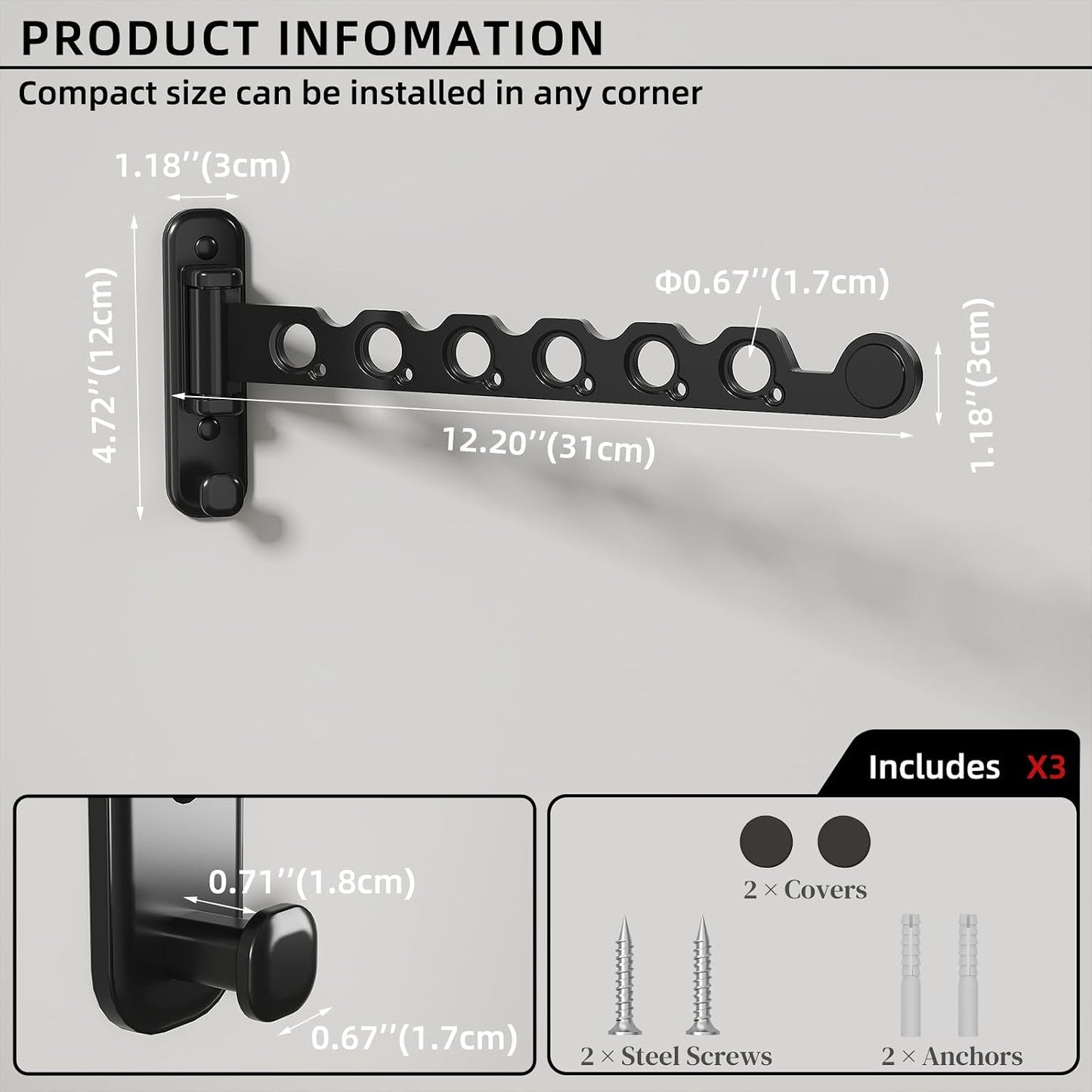 Wall Mounted Clothes Hanger Rack Foldable Drying Rack Hook Folding Indoor for Laundry Room Organization Bedroom Collapsible Racks Perfect for Small Spaces, 6 Hole Black 1 Packs