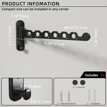 Wall Mounted Clothes Hanger Rack Foldable Drying Rack Hook Folding Indoor for Laundry Room Organization Bedroom Collapsible Racks Perfect for Small Spaces, 6 Hole Black 1 Packs