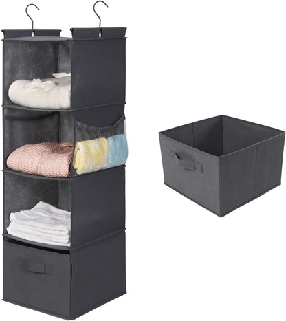 MAX Houser 4-Shelf Hanging Closet Organizer, Space Saver, Cloth Hanging Shelves with 2 Side Pockets, Foldable (Beige)
