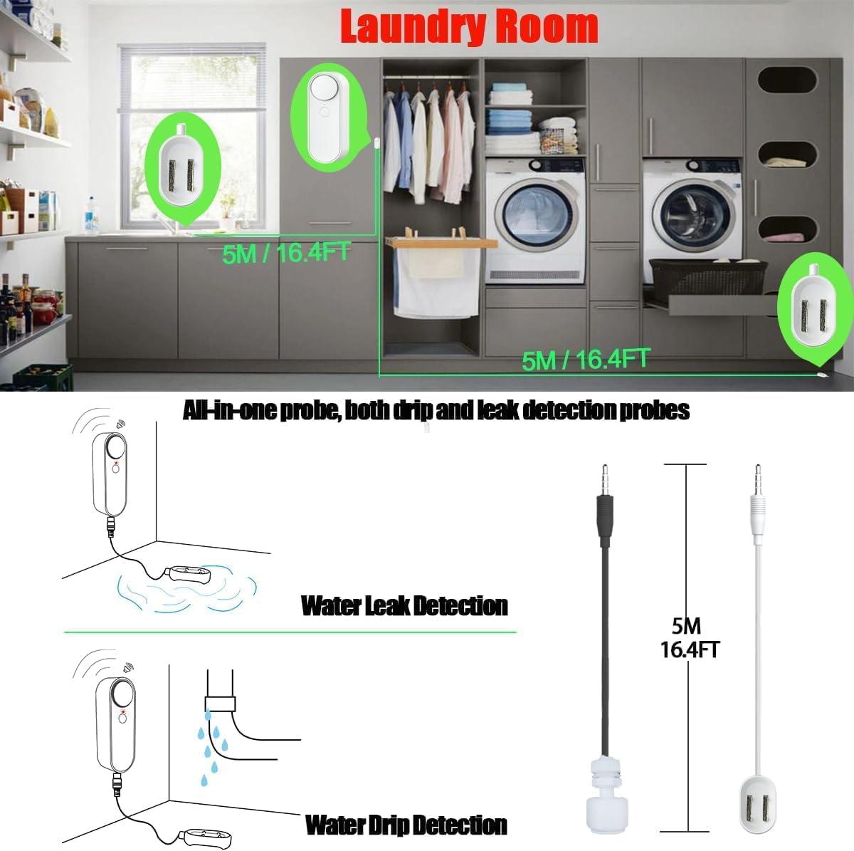 Water Level Leak Alarm with 16.4Ft 2 Sensors,120dB Strobe, Metal | 9V Battery-Powered, Dual Sensors Float Switch and Leak Probe, Adjustable Volume, For Sump Pump Dishwasher Under Sink Basement