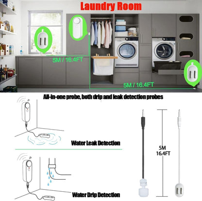 Water Level Leak Alarm with 16.4Ft 2 Sensors,120dB Strobe, Metal | 9V Battery-Powered, Dual Sensors Float Switch and Leak Probe, Adjustable Volume, For Sump Pump Dishwasher Under Sink Basement