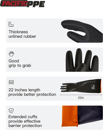 PACIFIC PPE Heavy Duty Latex Chemical Gloves, Strong Acid Resistance Rubber Gloves, Against Alkali and Oil, 22", 1 Pair