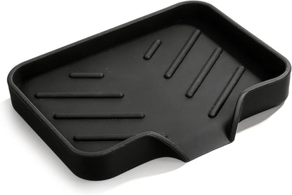 Silicone Bathroom Soap Dishes with Drain Spout Soap Dispenser Tray Sponge Holder Self Draining Kitchen Sink Counter Organizer Caddy for Dispenser Scrubber Bottle Cup(Black)