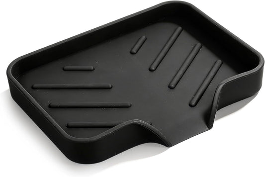 Silicone Bathroom Soap Dishes with Drain Spout Soap Dispenser Tray Sponge Holder Self Draining Kitchen Sink Counter Organizer Caddy for Dispenser Scrubber Bottle Cup(Black)