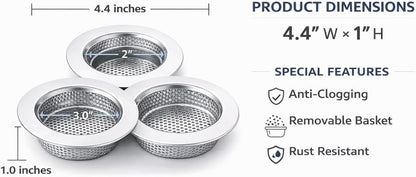 Sink Strainer Basket (3 Pack) – 304 Stainless Steel Kitchen Drain Strainer, Anti-Clog Sink Drain Catcher, Rustproof, Fits 4.4” Standard Sink