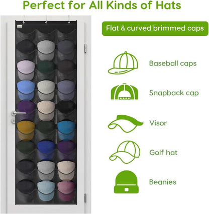 Baseball Hat Rack, 24 Pocket Over-The-Door Hat Organizer with Clear Deep Pockets to Display Baseball Caps Collection, Complete with 3 Over Door Hooks (Black, 24 Pockets)