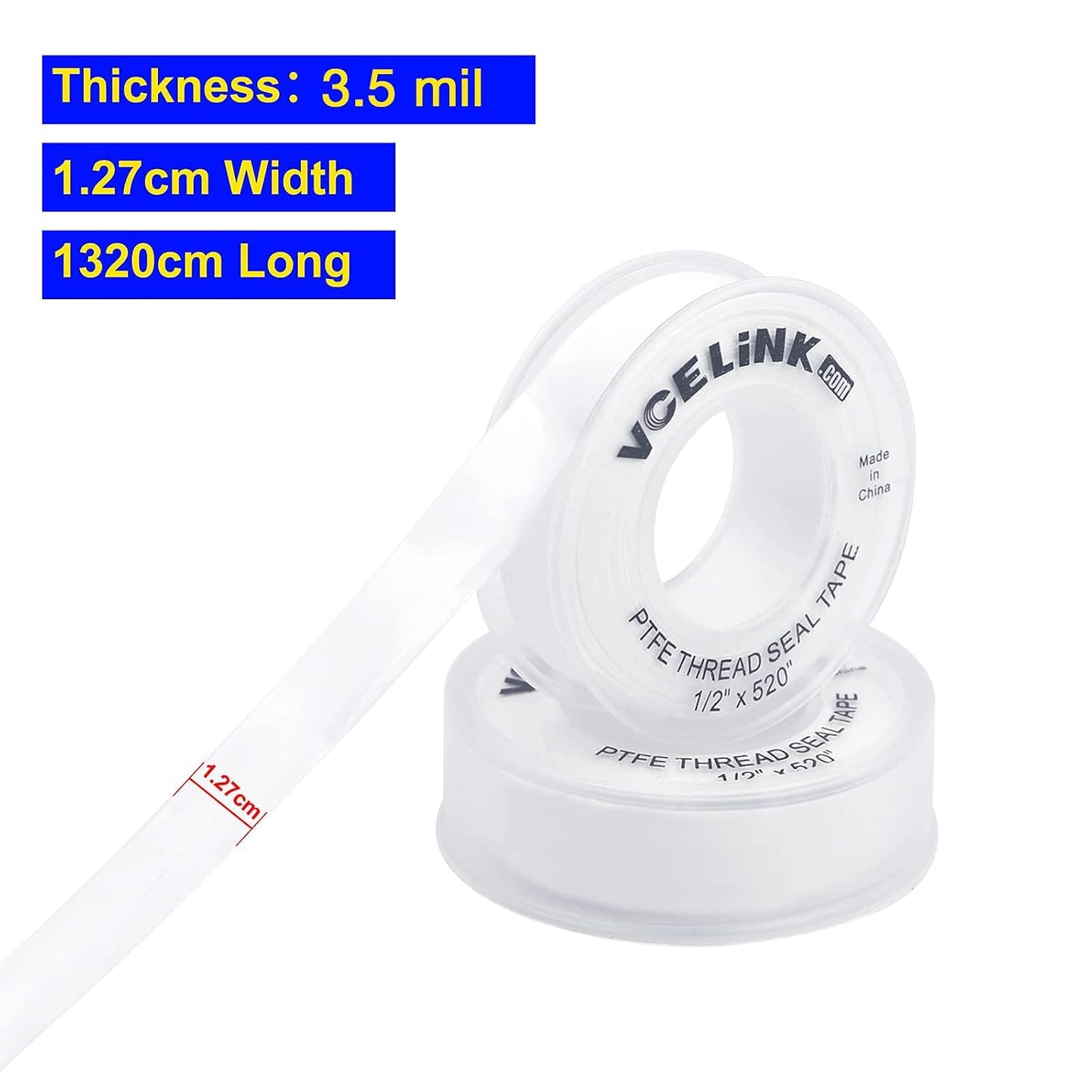 VCELINK PTFE Plumbers Tape 2-Pack, Industrial Water Sealant Thread Tape, 520" Length, 1/2" Width, 3.5 mil Thick, Plumbing Teflon Tape for Shower Head and Pipe Thread, White