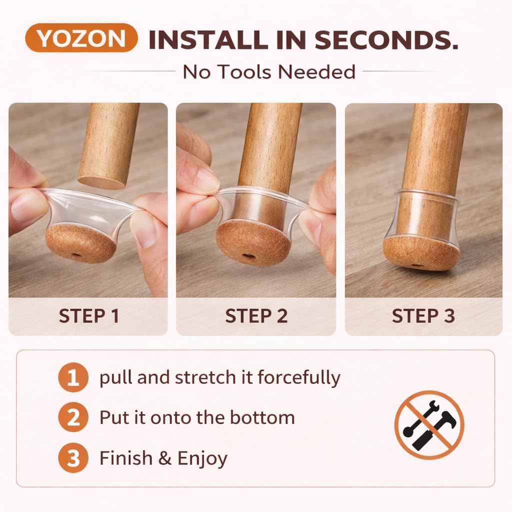 YOZON Chair Leg Floor Protectors Felt Furniture Pads Silicone Caps | Chair Leg Protectors for Hardwood Floors 32 Pack Anti-Scratch Reduce Noise Clear Round Medium Fit 3/4" to 1-3/16" (19-30mm)