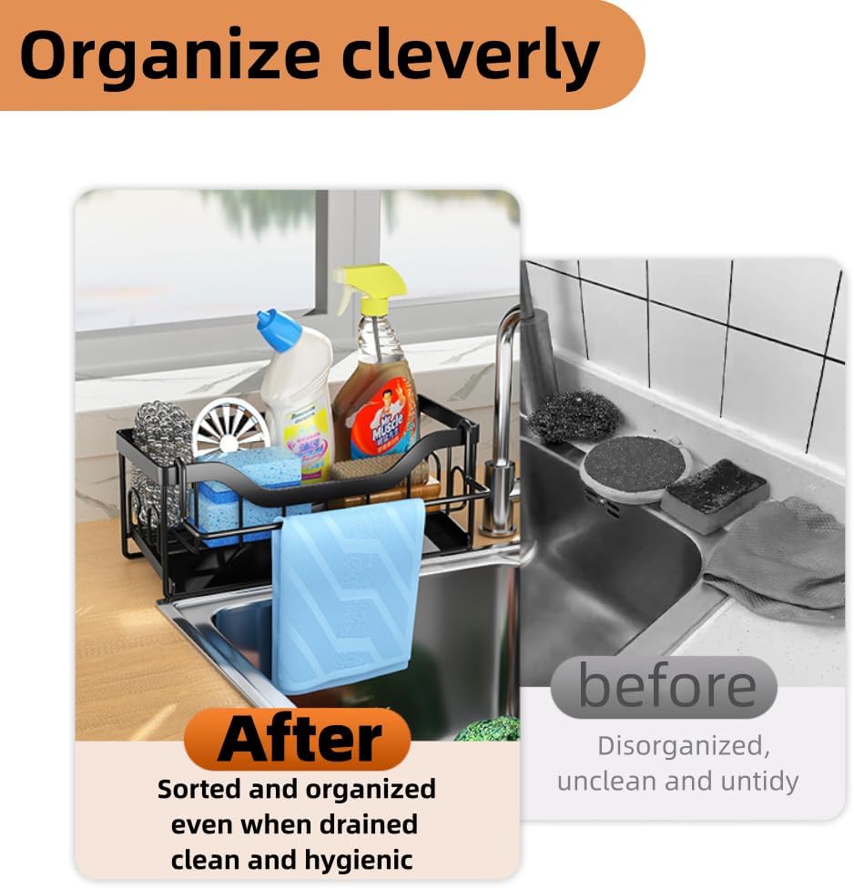 Sink Sponge Holder, Kitchen Sink Caddy Organizer,304 Stainless Steel Dish Sponge Organizer with Auto Drain Tray,Dish Soap Dispenser Brush Holder Storage