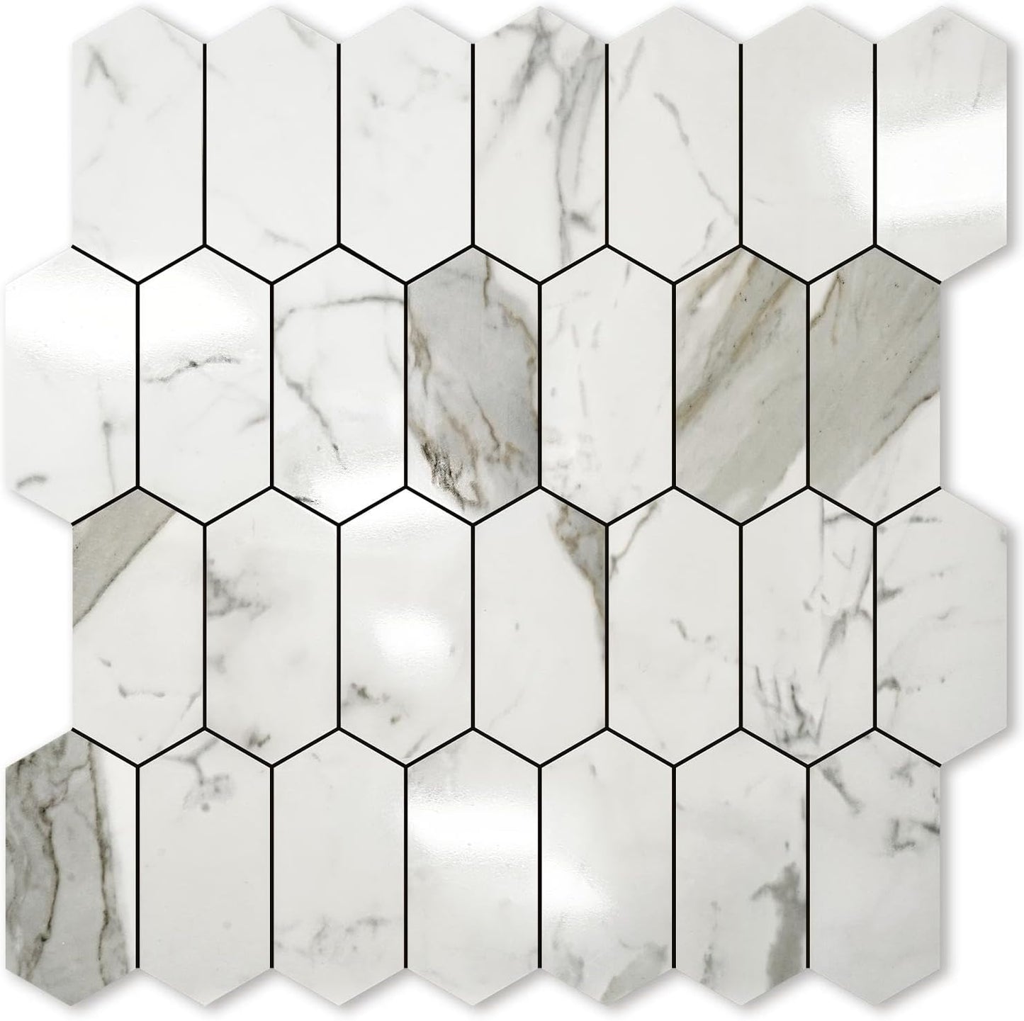 Vamos Tile Long Hexagon Peel and Stick Backsplash Tile - 10 Sheets Stick on Backsplash for Kitchen and Bathroom 12.4 x 12 Inch Glossy Wood Grain PVC Self Adhesive Mosaic Wall Tiles