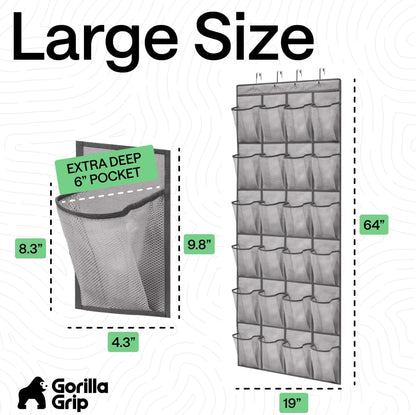 GORILLA GRIP Over the Door Shoe Organizer, 24 Large Breathable Mesh Pockets, Space Saving Hanging Storage Holder, Closet Rack Hanger Holds Up to 40 lbs, Hangs on Closets for Shoes, Accessories, Grey