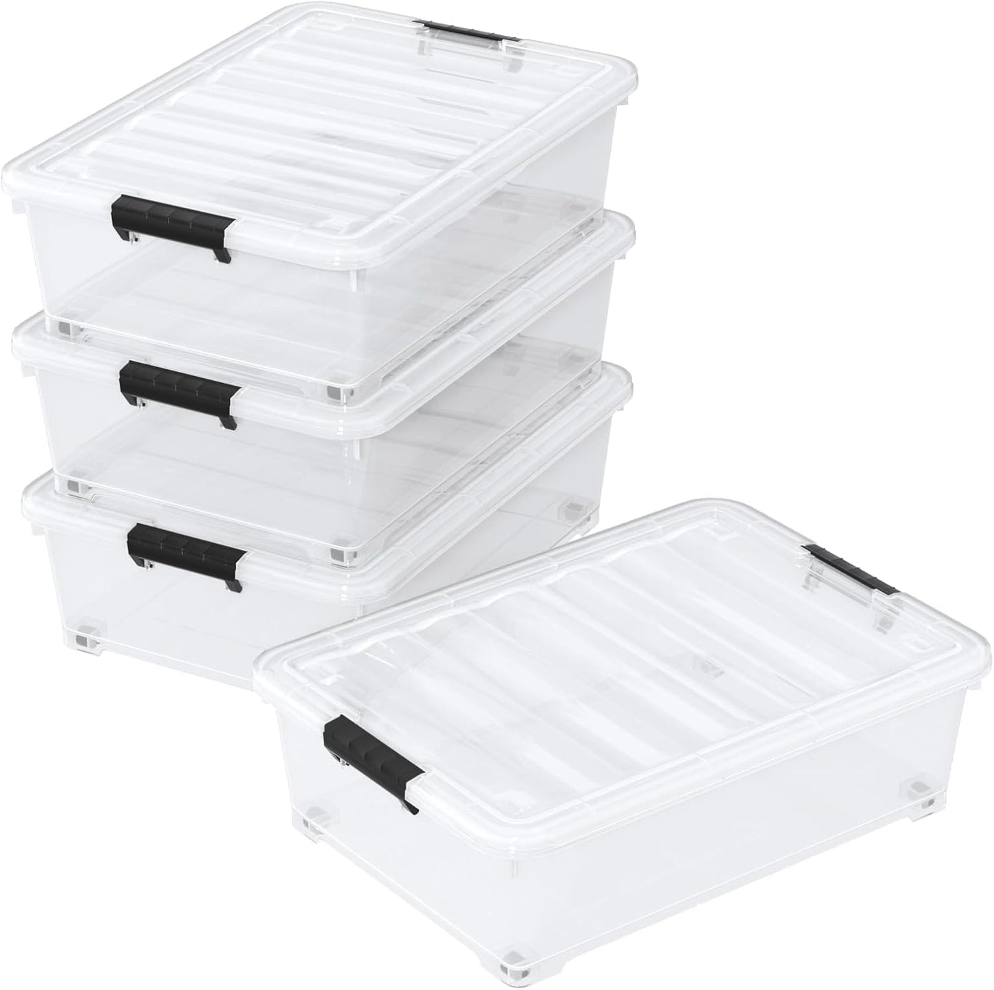 40 Quart Plastic Clear Underbed Storage Bin with Wheels, 3 Packs | Stackable Large Flat Under Bed Organization Boxes with Lids