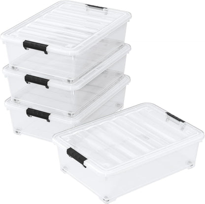 40 Quart Plastic Clear Underbed Storage Bin with Wheels, 3 Packs | Stackable Large Flat Under Bed Organization Boxes with Lids