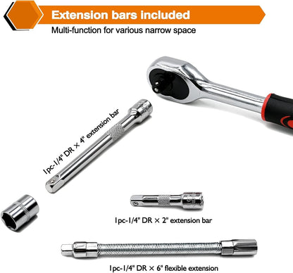 Egofine 46 Pieces 1/4 inch Drive Socket Ratchet Wrench Set, with Bit Socket Set Metric and Extension Bar for Auto Repairing and Household, with Storage Case