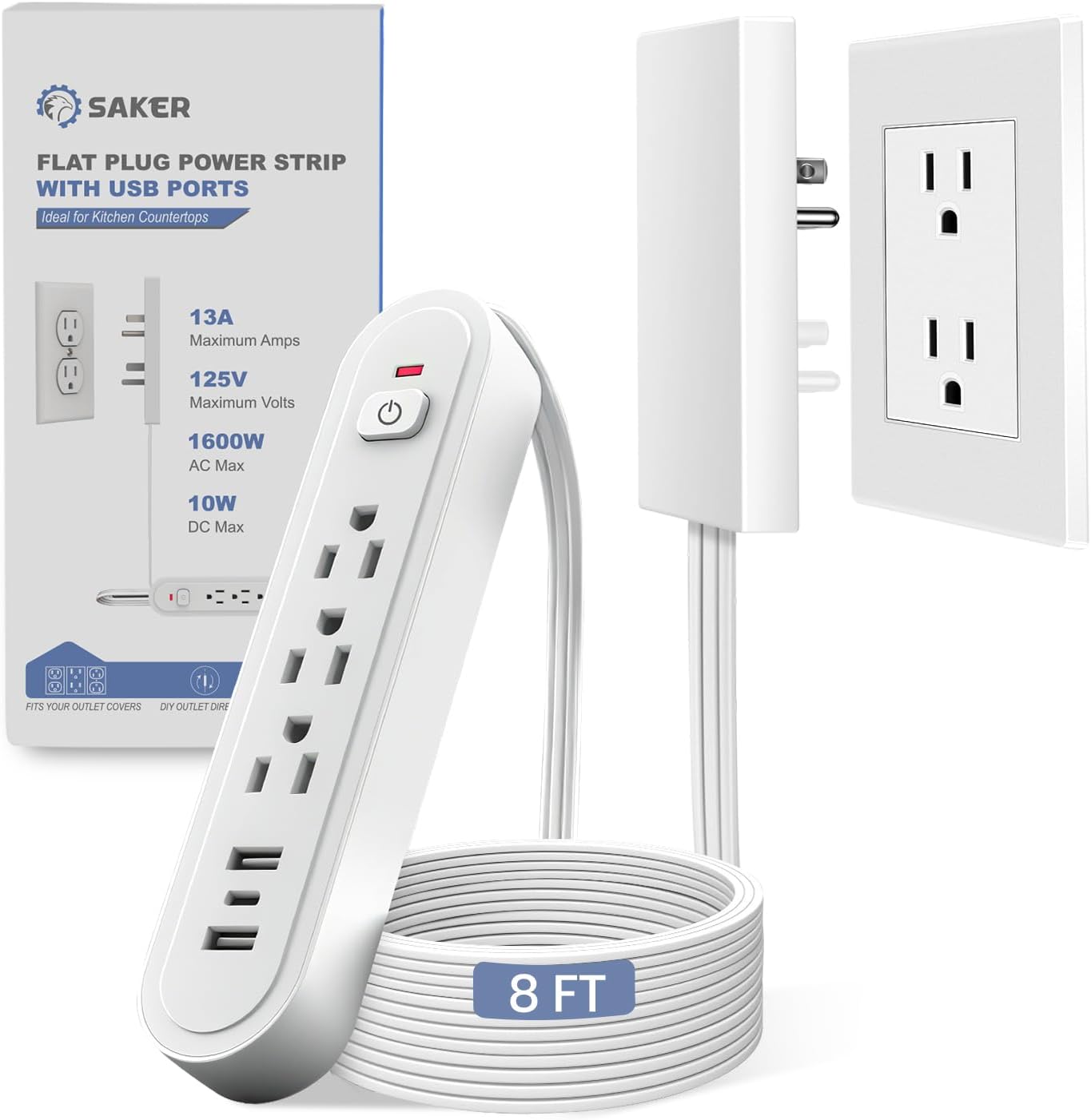 Saker Outlet Concealer Power Strip | 5ft Flat Plug Extension Cord with 3 Outlets,1625W | Universal Size Outlet Cover Baby Proofing | Cover Extension Cord for Kitchen, Home and Office