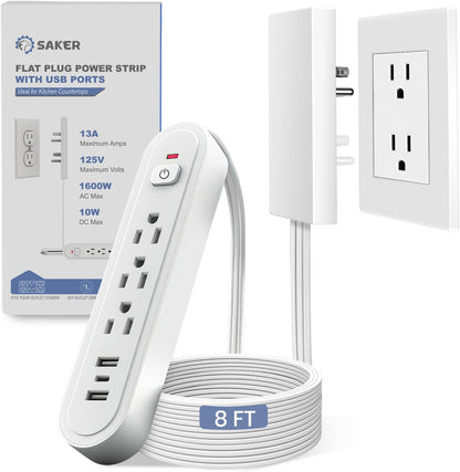 Saker Outlet Concealer Power Strip | 5ft Flat Plug Extension Cord with 3 Outlets,1625W | Universal Size Outlet Cover Baby Proofing | Cover Extension Cord for Kitchen, Home and Office